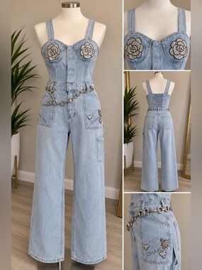 Custom Light Blue Embroidered Denim Wide-Leg Jumpsuit Jeans size Small